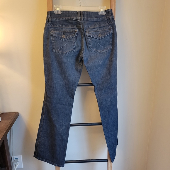 VINTAGE ELLE DARK DENIM WITH BROWN COPPER STITCHING BOOTCUT JEANS 4R - Picture 3 of 4
